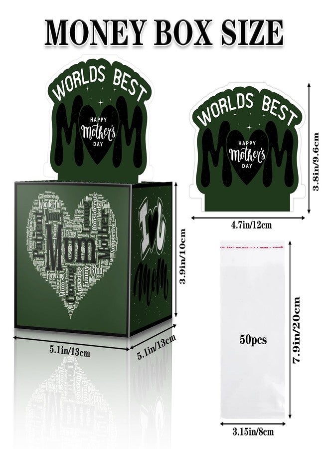 Jaywayang Mother's Day Money Box for Cash Gift, Surprise Money Gift Box with Card and Cash Holder for Mom Grandmother, DIY Fun Mother's Day Cash Box, Includes 50Pcs Transparent Bags（Green Black - Image 2